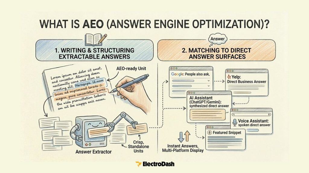 An infographic explaining what AEO (Answer Engine Optimization) is.