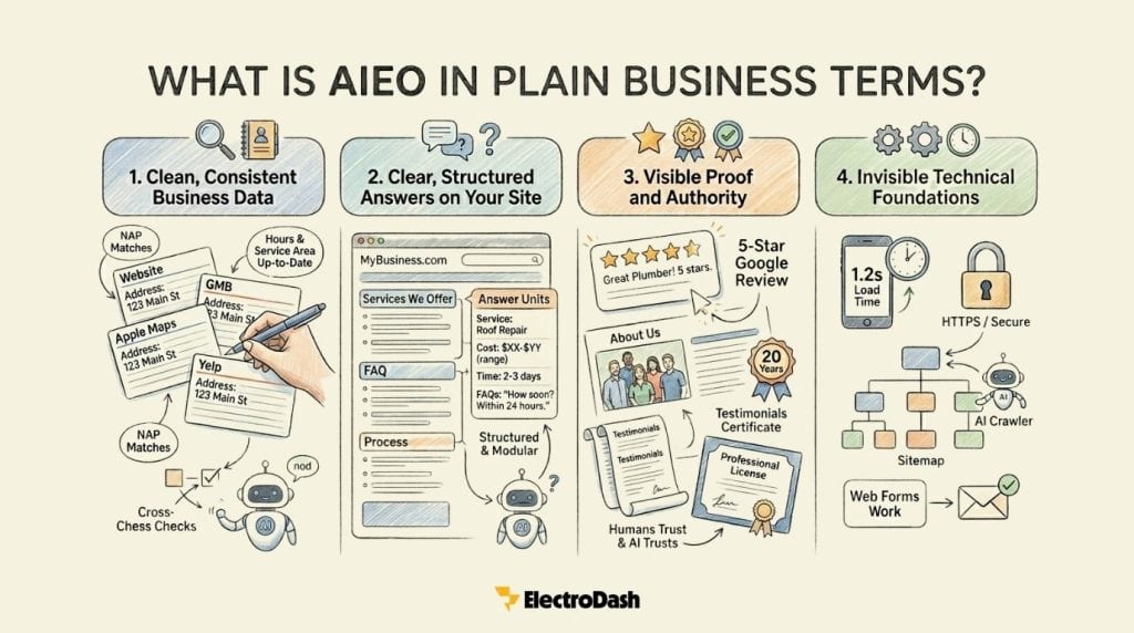 An infographic explaing what AIEO (Artificial Intelligence Engine Optimization) is in plain business terms, including its 4 pillars.