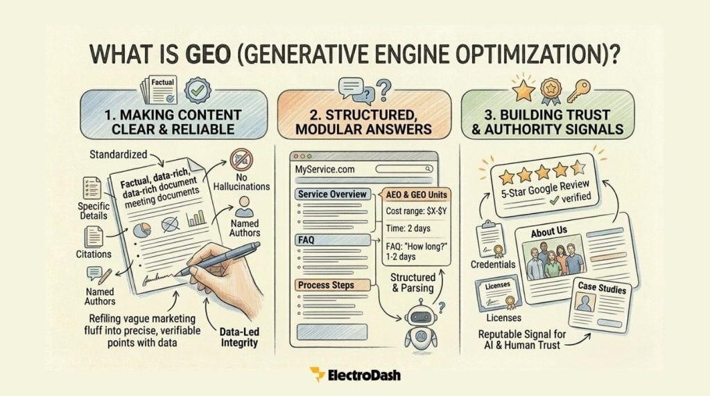 An infographic explaining what GEO (Generative Engine Optimization) is, andits 3 pillars.